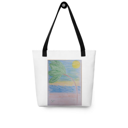 White beach tote bag with palm tree design and black handles from NUSH'S STORE