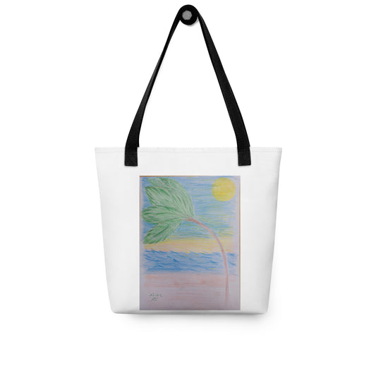 White beach tote bag with palm tree design and black handles from NUSH'S STORE