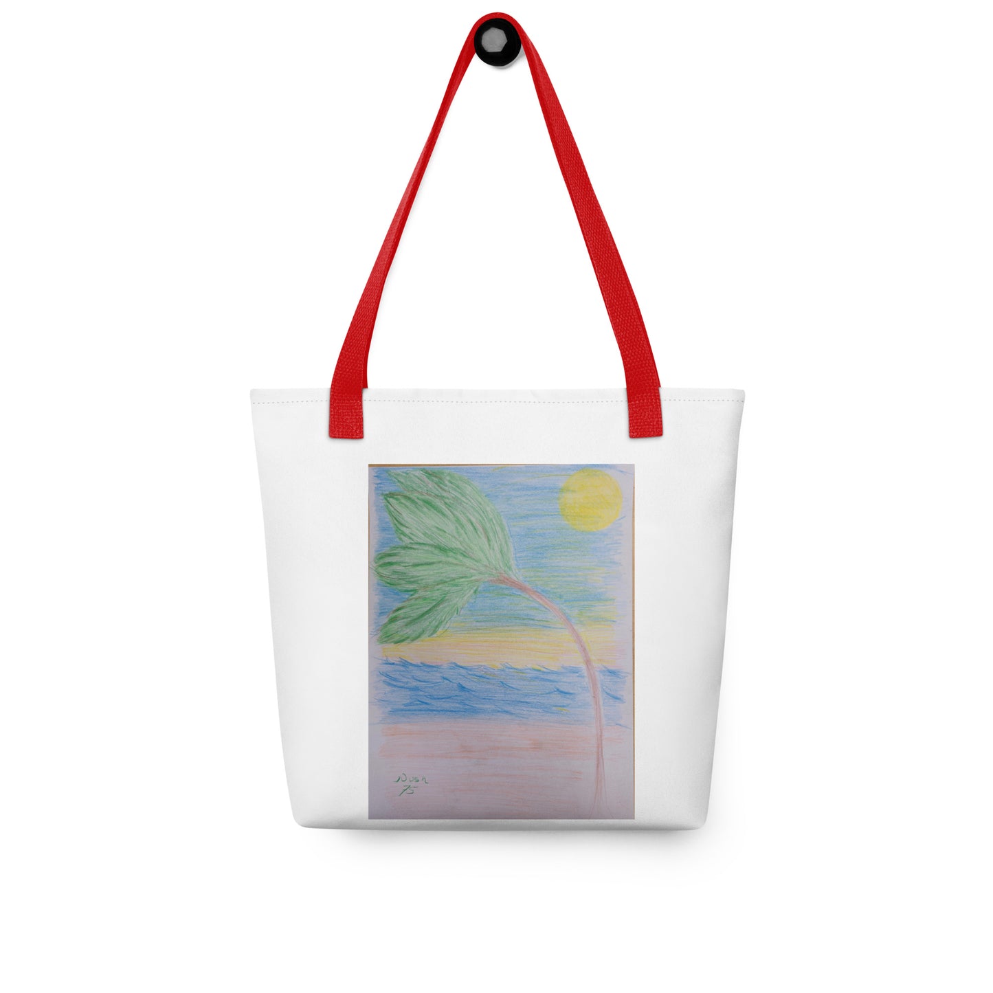 White beach tote bag with palm tree design and red handles perfect for summer outings