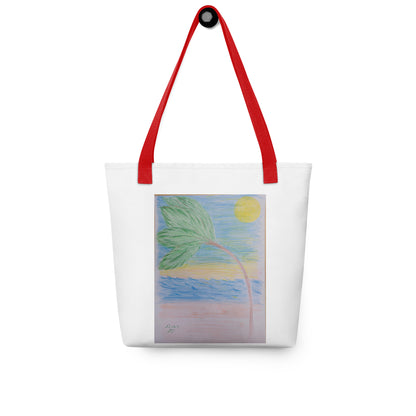 White beach tote bag with palm tree design and red handles perfect for summer outings