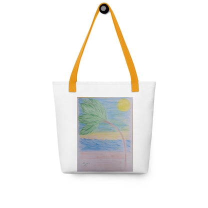 White beach tote bag with palm tree design and yellow handles from NUSH'S STORE