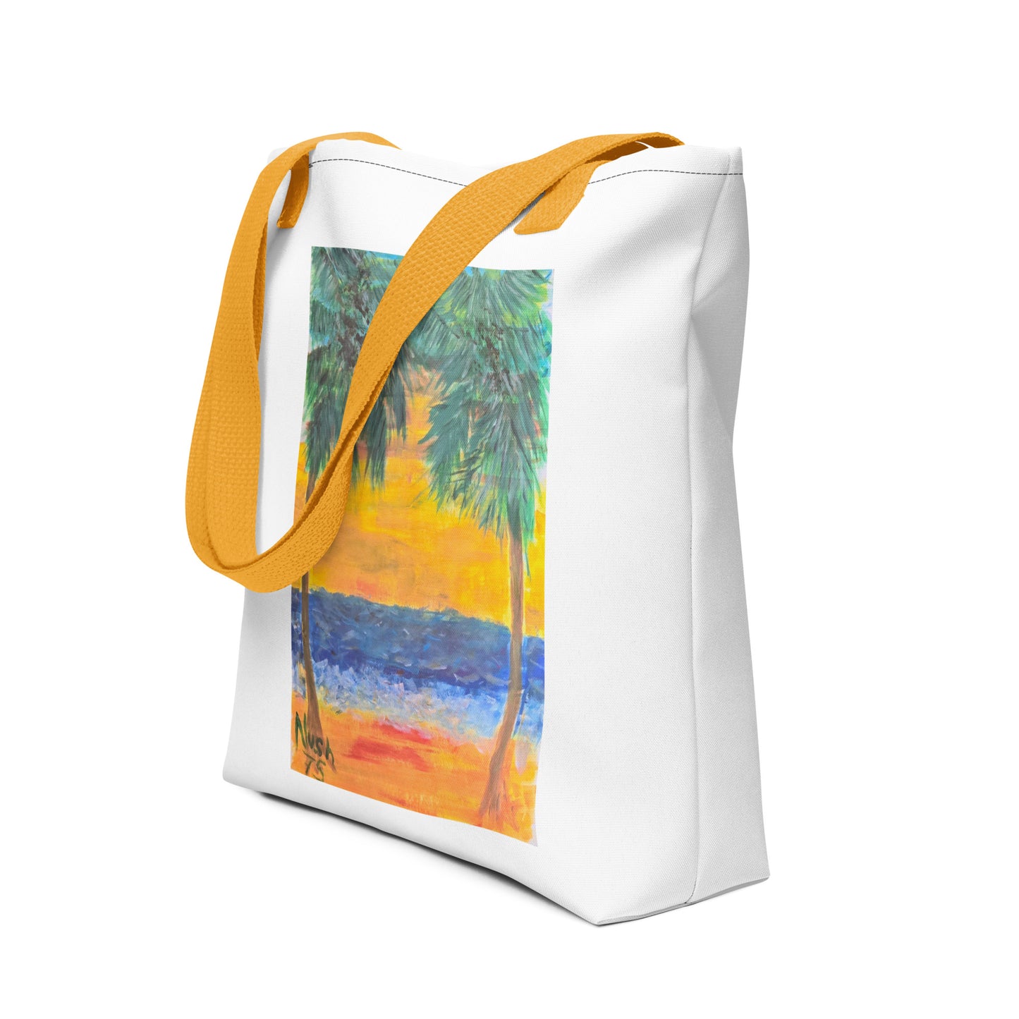 White beach tote bag with palm tree design featuring yellow straps and colorful tropical sunset print