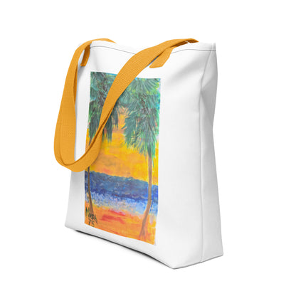White beach tote bag with palm tree design featuring yellow straps and colorful tropical sunset print