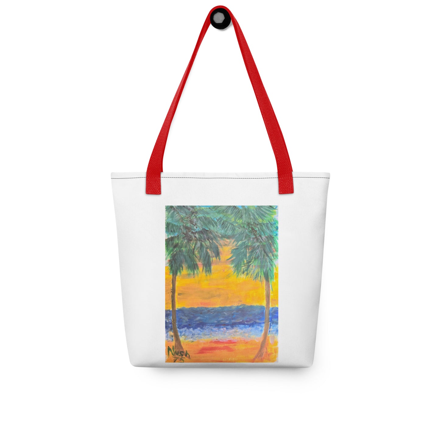 White beach tote bag with palm tree design and red handles from NUSH'S STORE