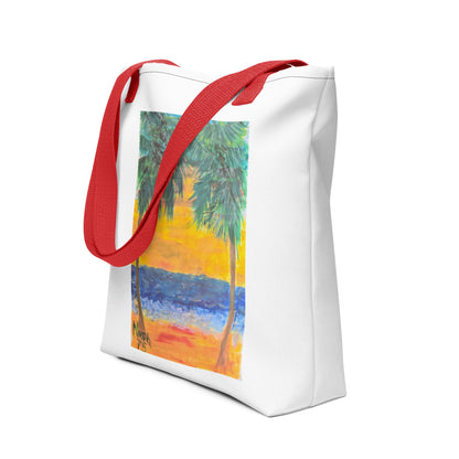 White beach tote bag with palm tree design and red shoulder straps from NUSH'S STORE