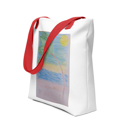 White beach tote bag with palm tree design and red shoulder straps for summer outings