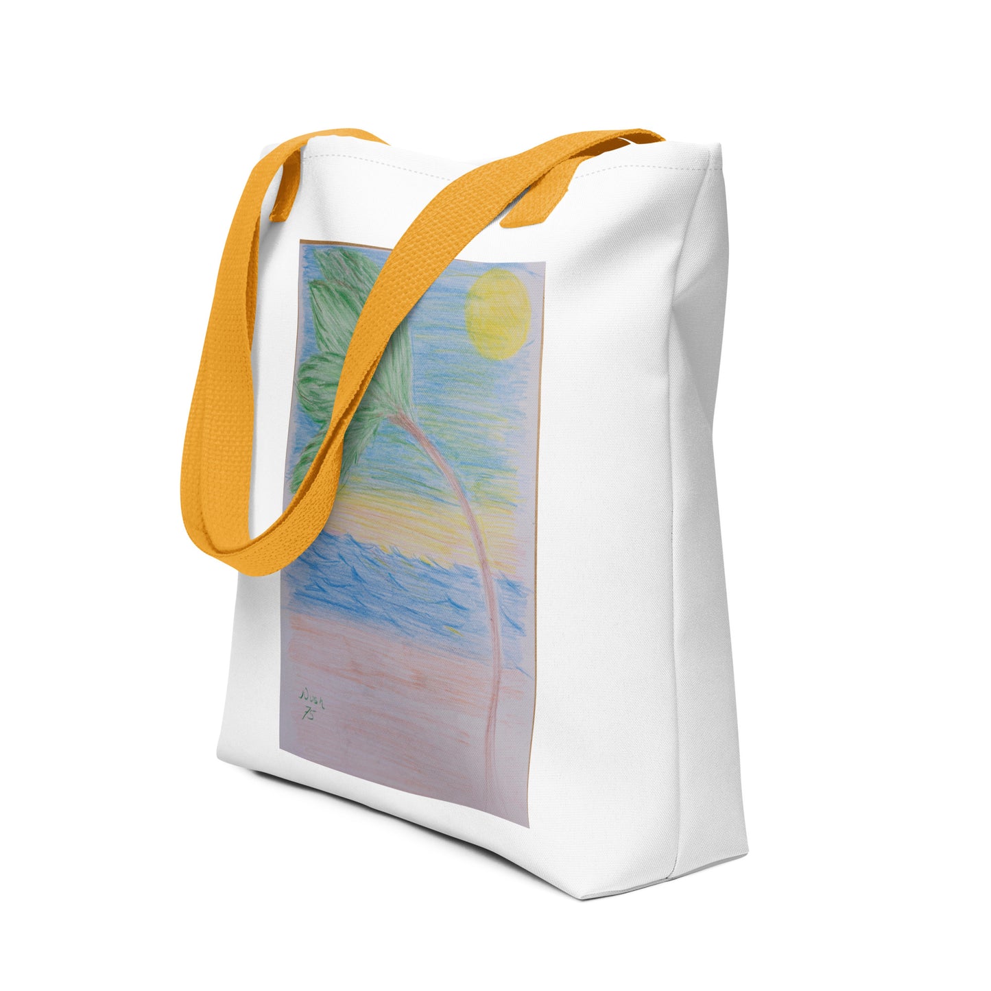White beach tote bag with palm tree design and yellow straps from NUSH'S STORE