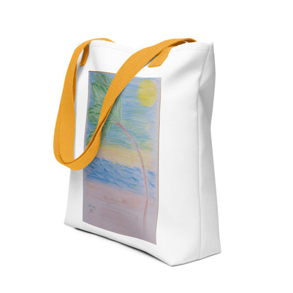 White beach tote bag with palm tree design and yellow straps from NUSH'S STORE