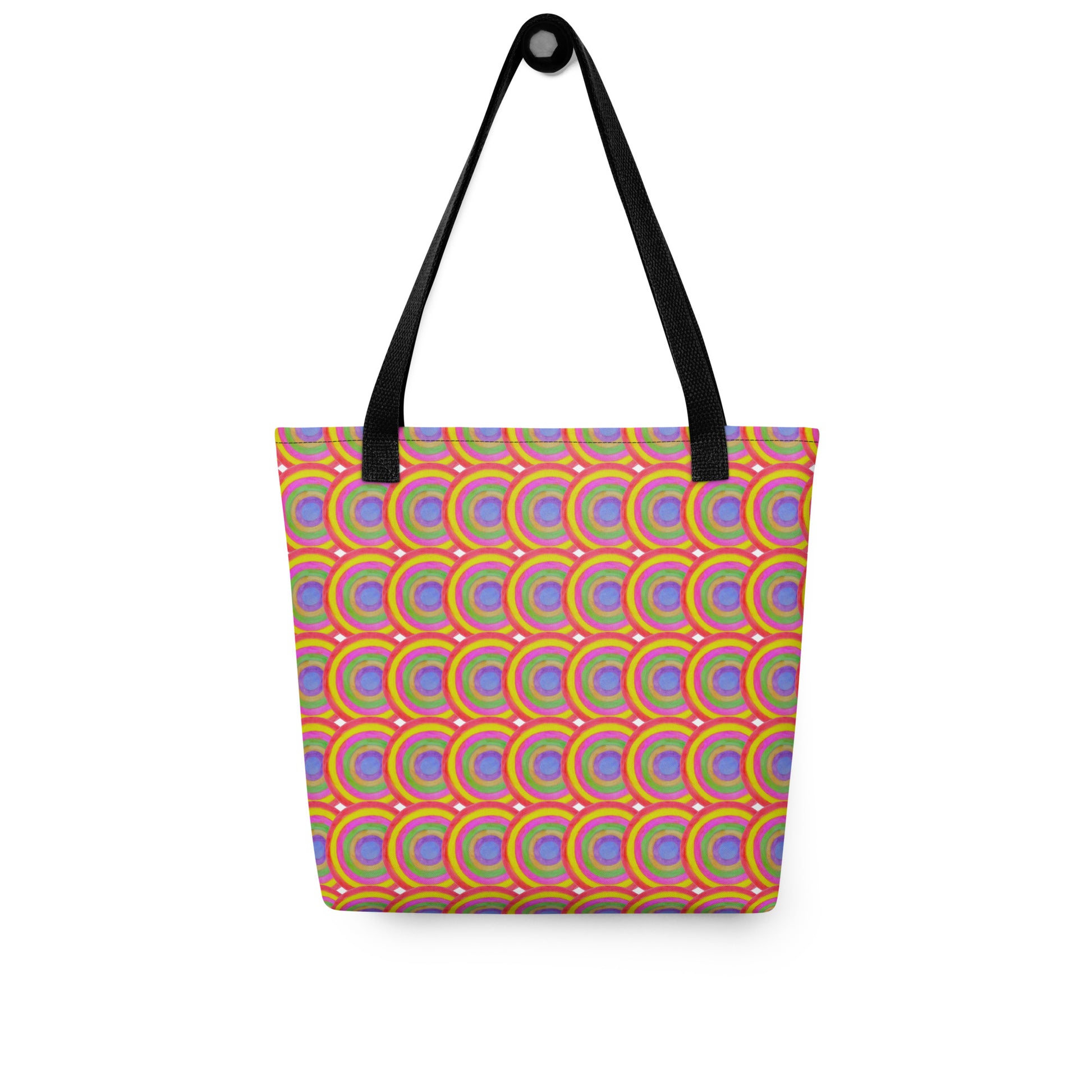Colorful boho tote bag for summer with vibrant circular pattern and black straps