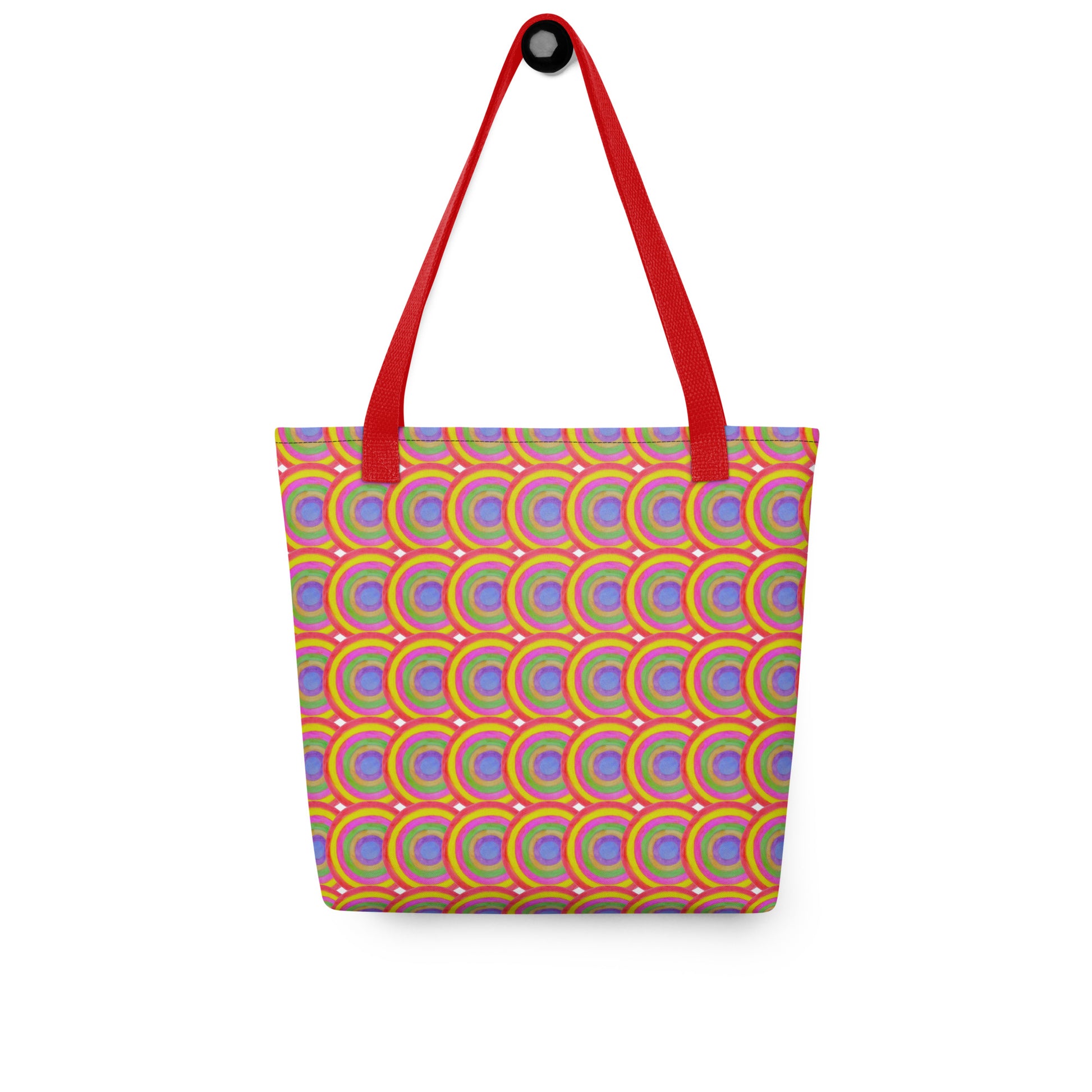 Colorful boho tote bag for summer with red handles and vibrant circular pattern