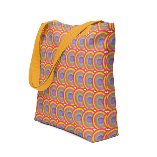 Colorful boho tote bag for summer with yellow straps and vibrant circular pattern