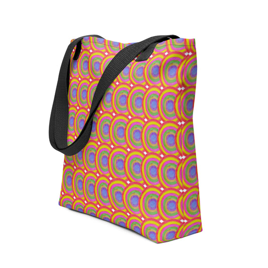 Colorful boho tote bag for summer with circular pattern and black shoulder straps from NUSH'S STORE