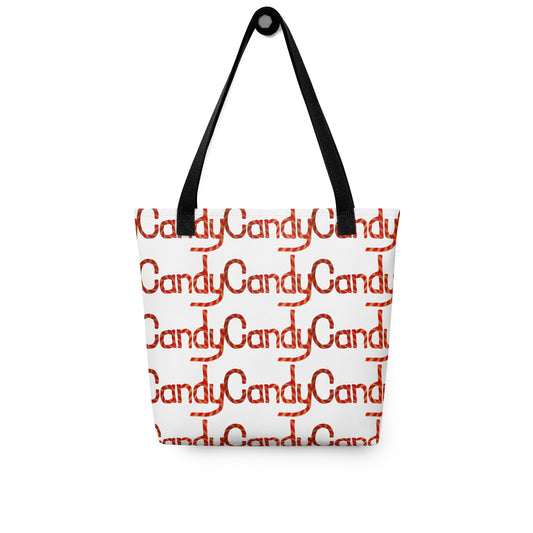 Candy cane print tote bag CHRISTMAS AND HALLOWEEN with black handles and repeating candy text design