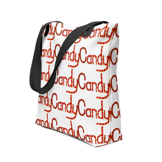 Candy cane print tote bag CHRISTMAS AND HALLOWEEN with black straps and festive red text pattern