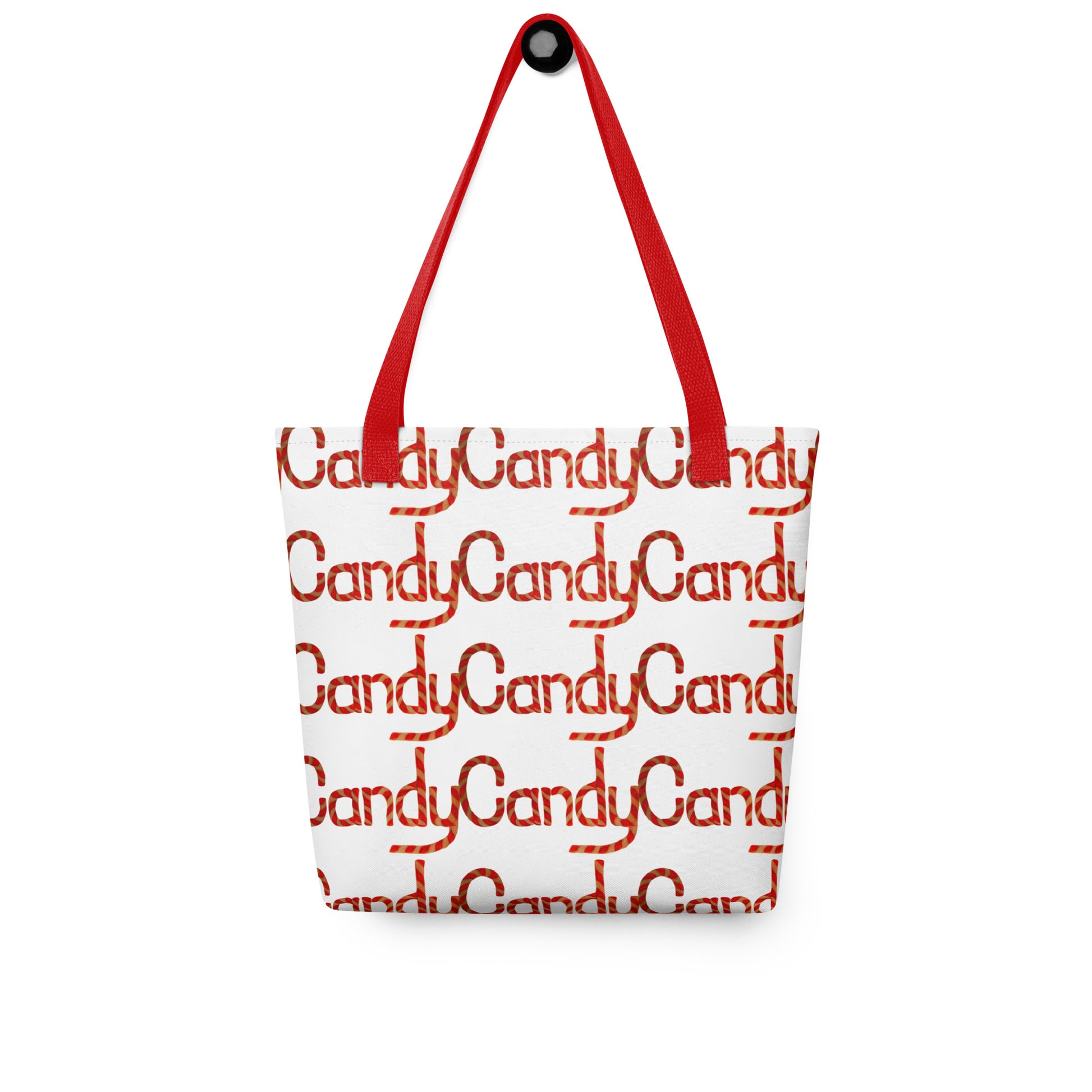 Candy cane print tote bag CHRISTMAS AND HALLOWEEN with red handles on white background
