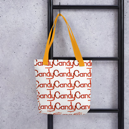Candy cane print tote bag CHRISTMAS AND HALLOWEEN with orange handles hanging on black ladder