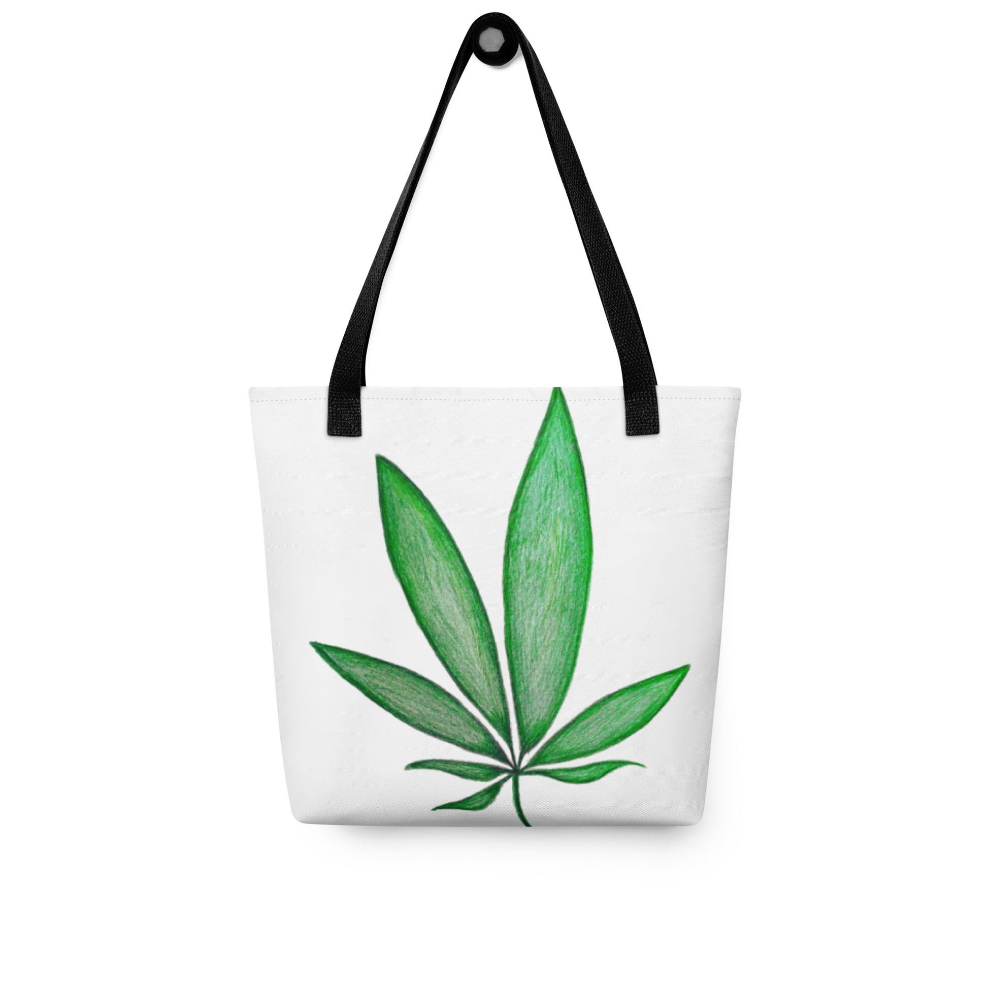 Canvas shopping tote with leaf design featuring green leaf print and black handles from NUSH'S STORE