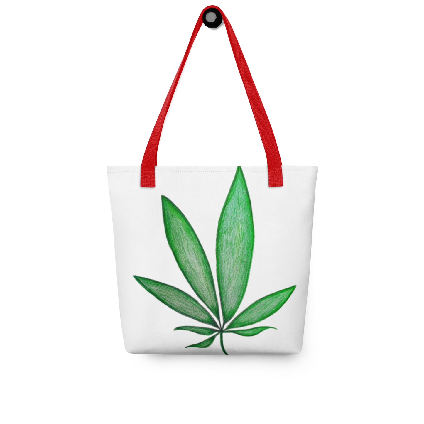 Canvas shopping tote with leaf design featuring green leaf print and red handles