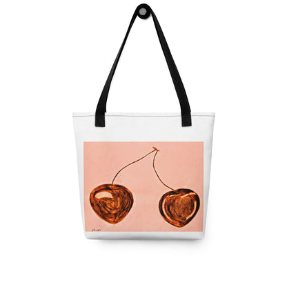 White cherry print tote bag with black handles featuring artistic brown cherry design