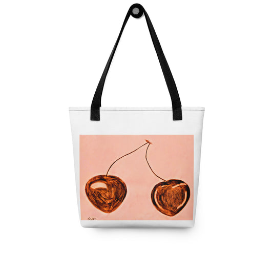 White cherry print tote bag with black handles featuring artistic brown cherry design