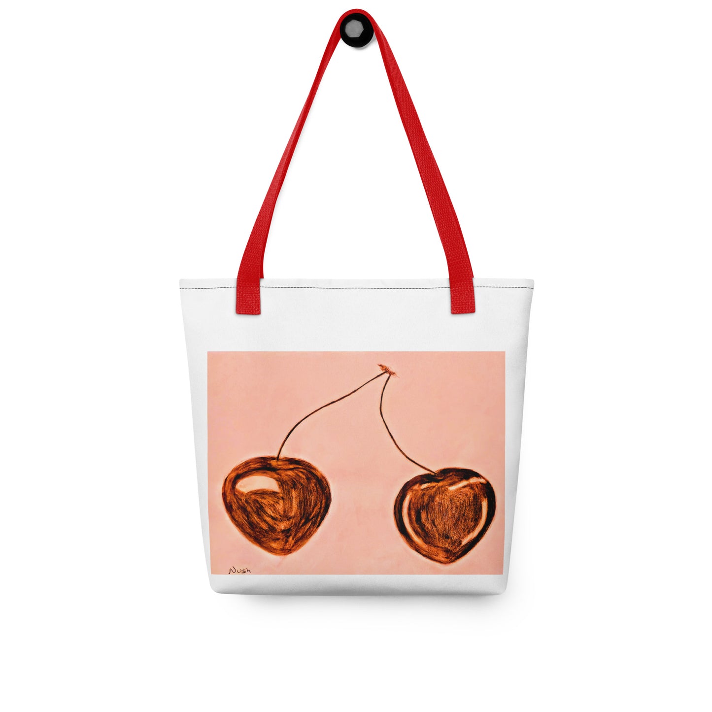 White cherry print tote bag with red handles featuring artistic brown cherry design