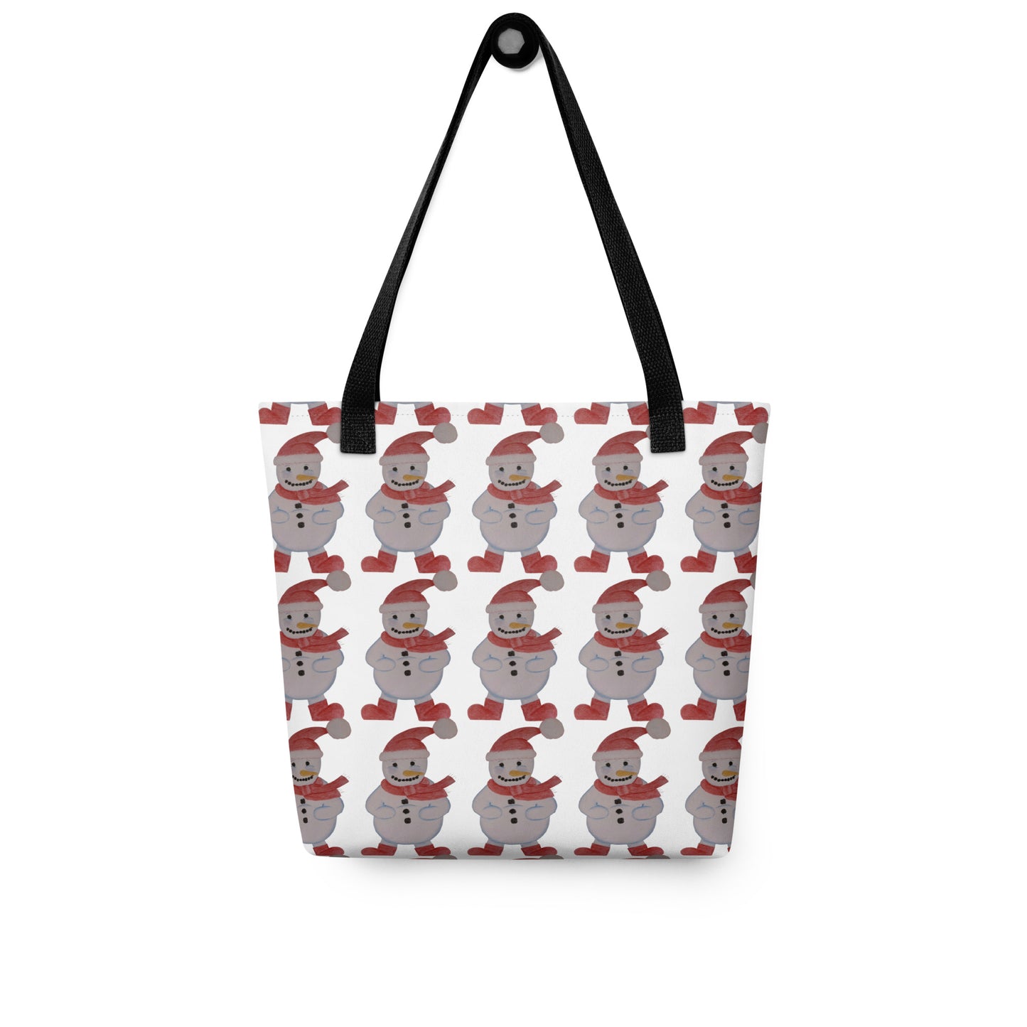 Christmas tote bag with yellow handles SNOWMAN PRINT featuring multiple smiling snowmen in red scarves