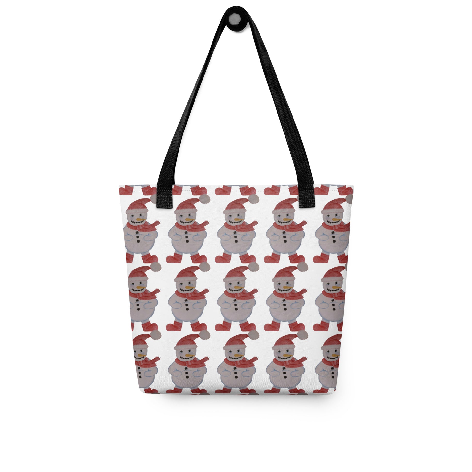 Christmas tote bag with yellow handles SNOWMAN PRINT featuring multiple smiling snowmen in red scarves