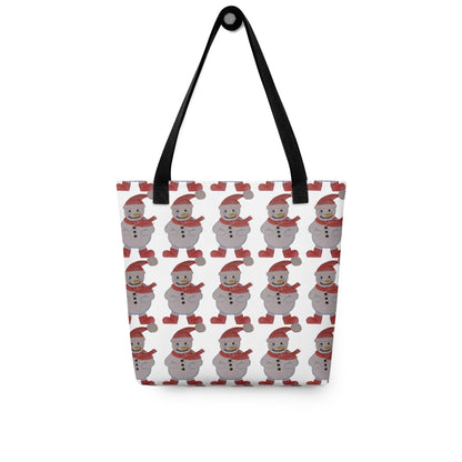 Christmas tote bag with yellow handles SNOWMAN PRINT featuring multiple smiling snowmen in red scarves