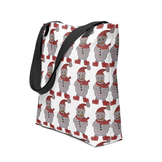 Christmas tote bag with yellow handles SNOWMAN PRINT featuring black straps and red scarf snowmen
