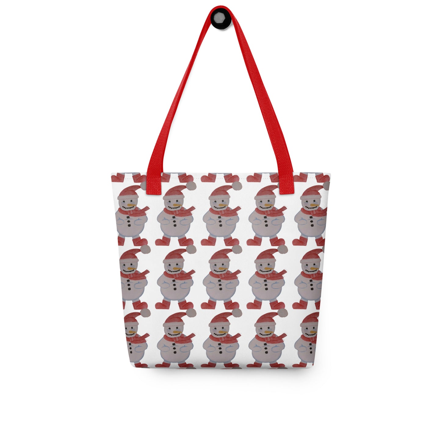 Christmas tote bag with yellow handles SNOWMAN PRINT featuring red straps and smiling snowmen design