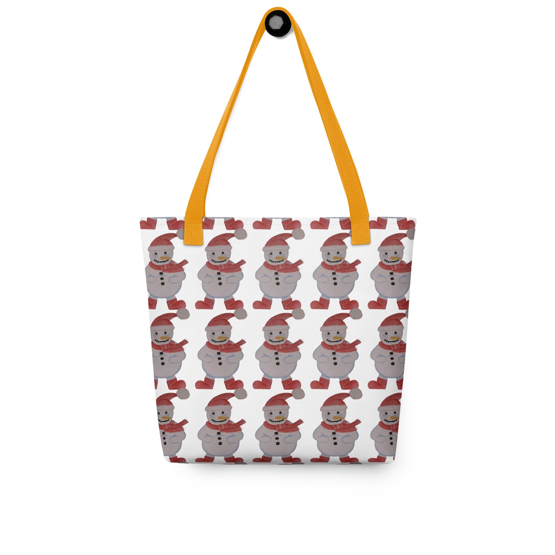 Christmas tote bag with yellow handles SNOWMAN PRINT featuring multiple snowmen wearing red scarves and hats