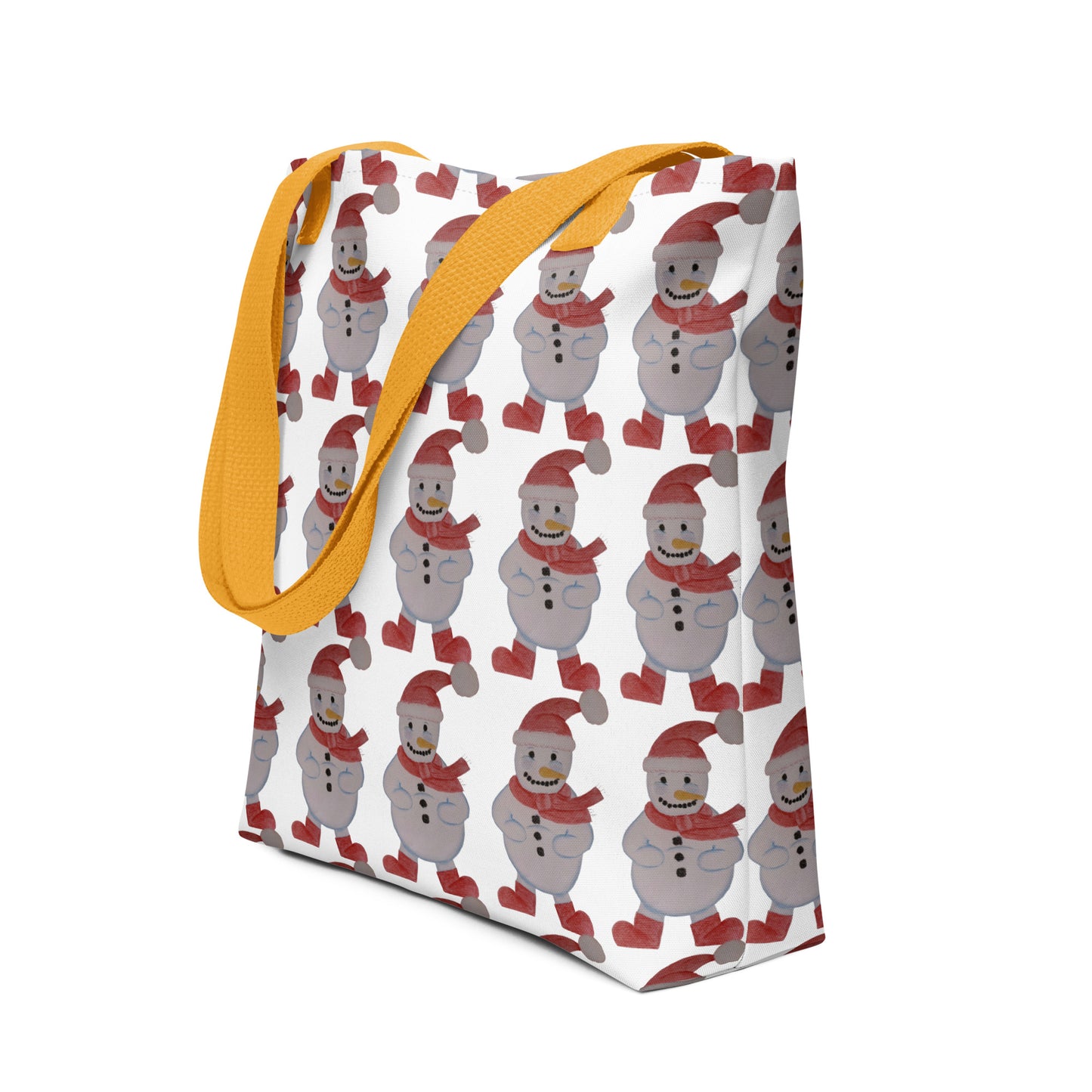Christmas tote bag with yellow handles SNOWMAN PRINT featuring playful snowmen scarves and hats