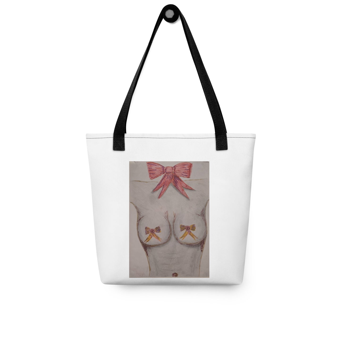 White tote bag with black straps featuring a unique art print shopping tote design of bows on a minimalist female torso