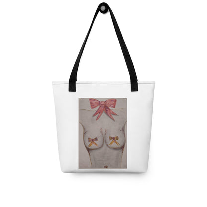 White tote bag with black straps featuring a unique art print shopping tote design of bows on a minimalist female torso