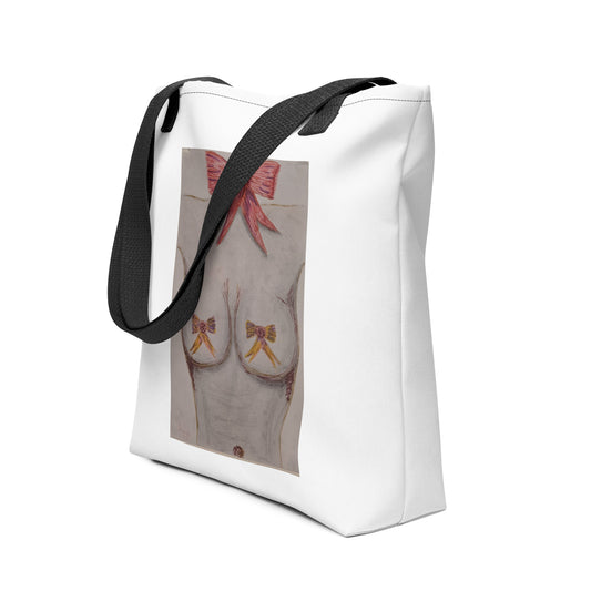 White tote bag with black straps featuring an art print shopping tote design of a torso with decorative bows