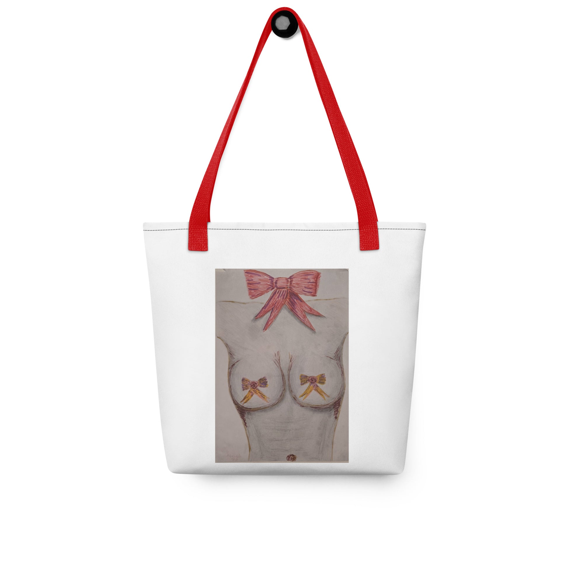 White tote bag with red handles featuring an artistic print of a torso with pink bows art print shopping tote