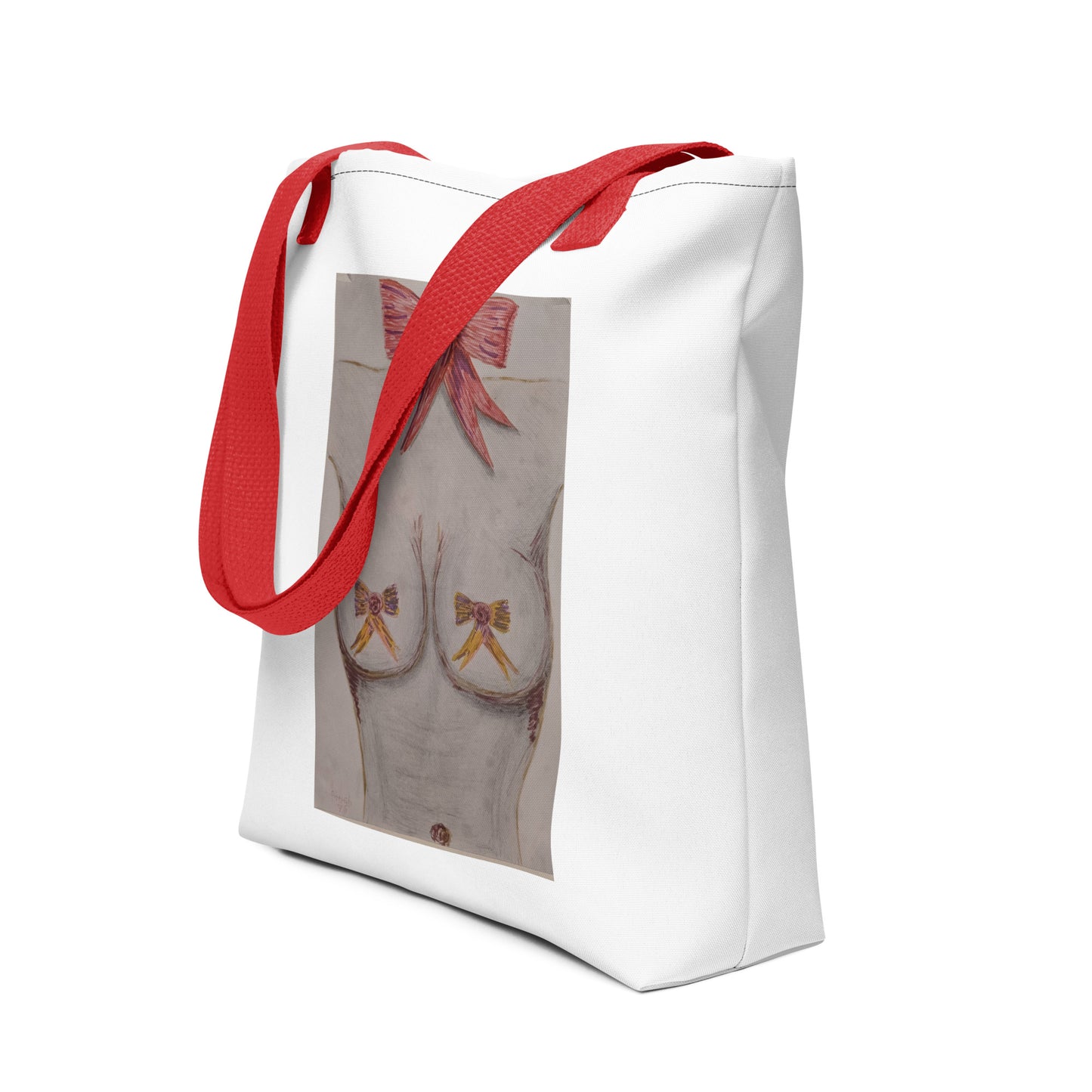 White art print shopping tote with red handles featuring a unique bow design graphic
