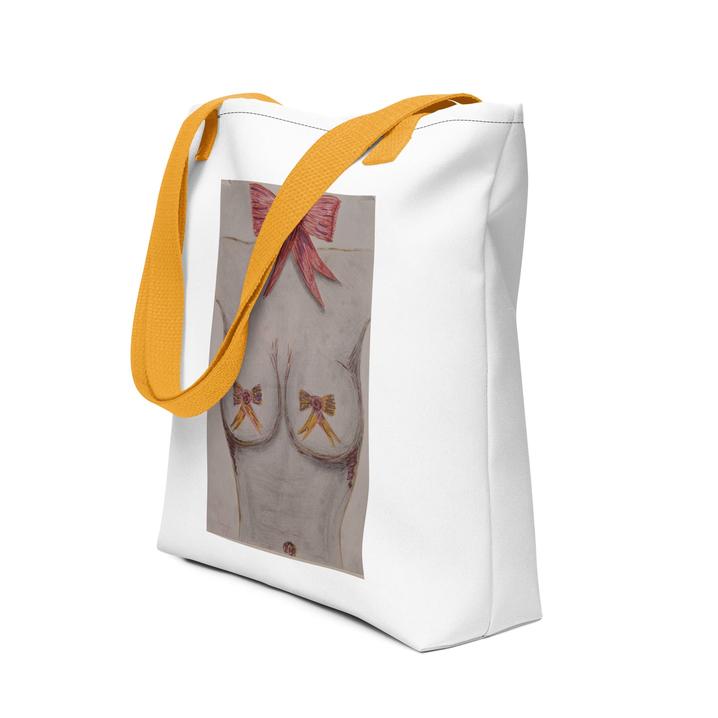 White art print shopping tote with yellow straps and abstract body art design from NUSH'S STORE