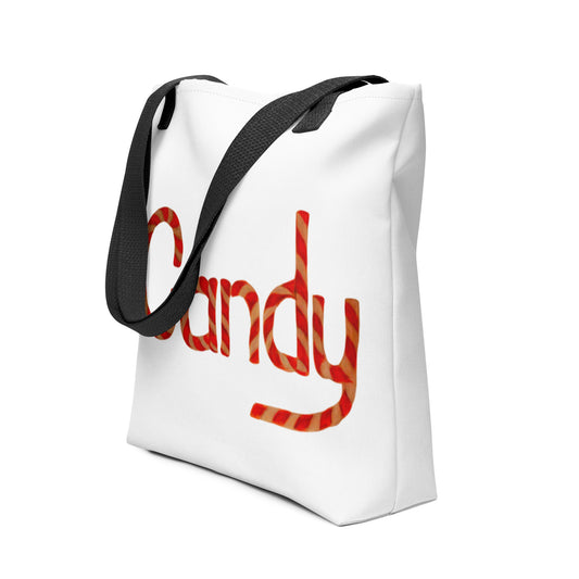 White cute candy print tote bag with black straps featuring striped candy lettering