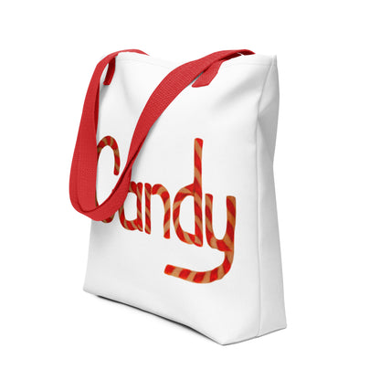 NUSH'S STORE cute candy print tote bag with red handles and white background