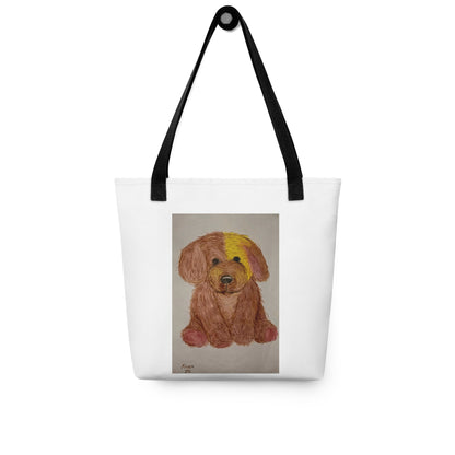 White tote bag with black handles featuring a cute dog print tote bag design from NUSH'S STORE