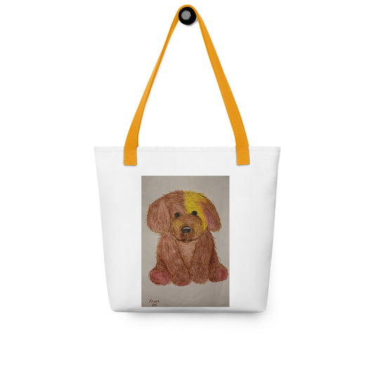 White tote bag with orange handles featuring a cute dog print tote bag with brown puppy artwork