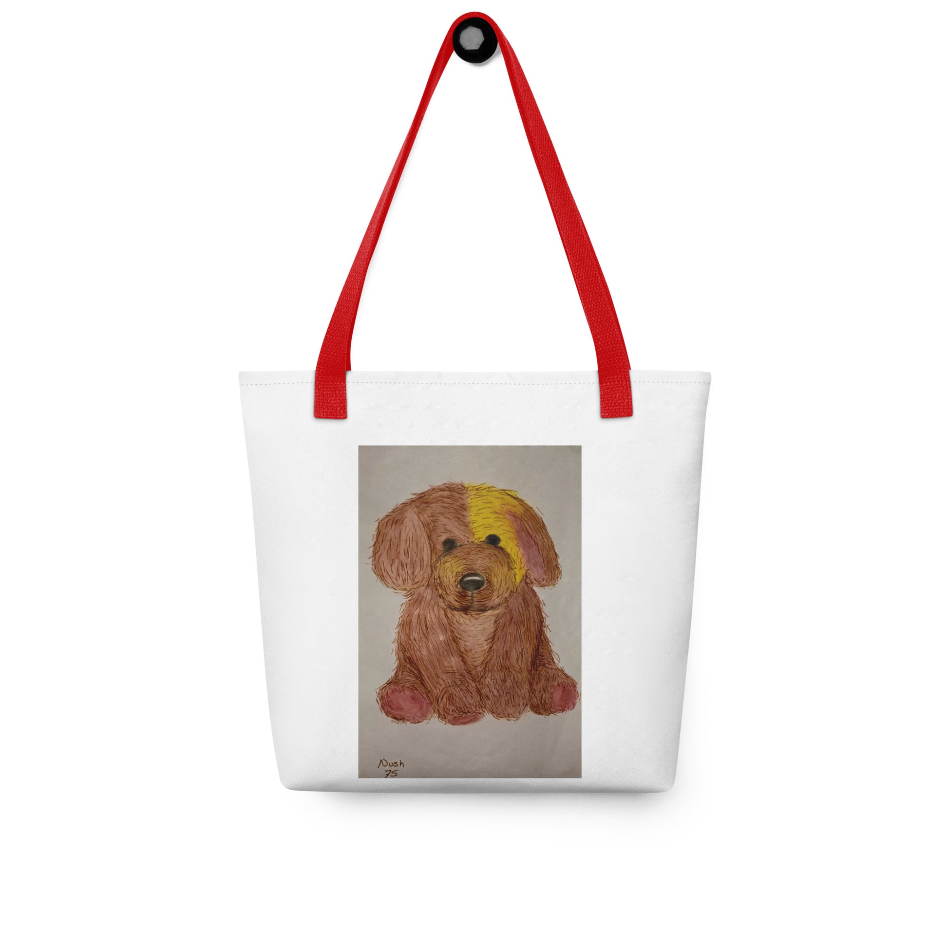 White tote bag with red handles featuring a cute dog print tote bag design of a brown puppy