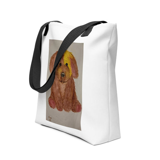 White tote bag with black straps featuring a cute dog print tote bag design from NUSH'S STORE