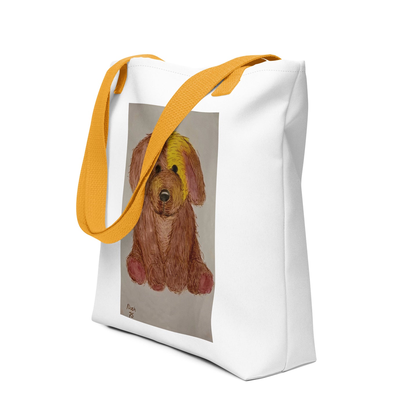 White tote bag with yellow straps featuring a cute dog print tote bag design from NUSH'S STORE