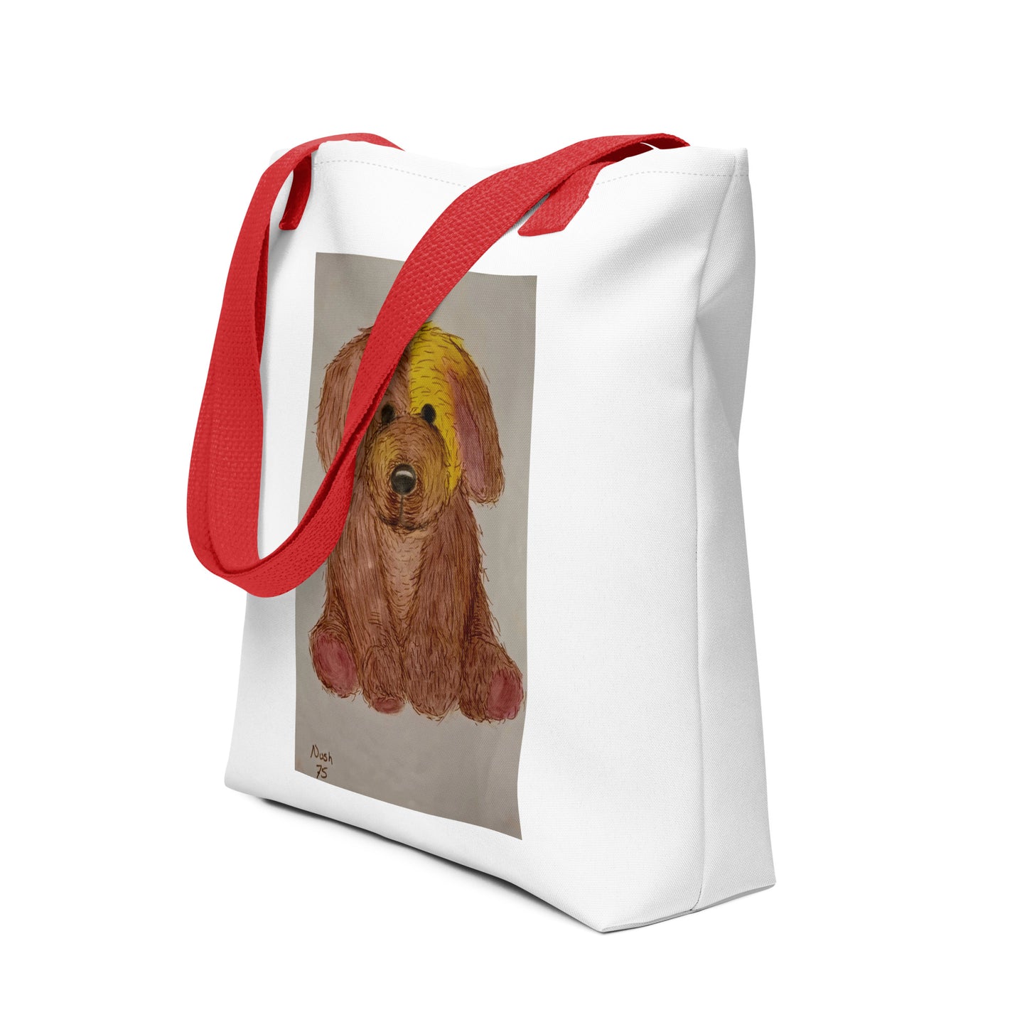 White tote bag with red straps featuring a cute dog print tote bag design from NUSH'S STORE