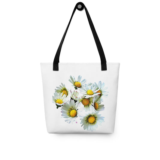 White tote with black handles featuring a vibrant daisy print shopping bag design from NUSH'S STORE