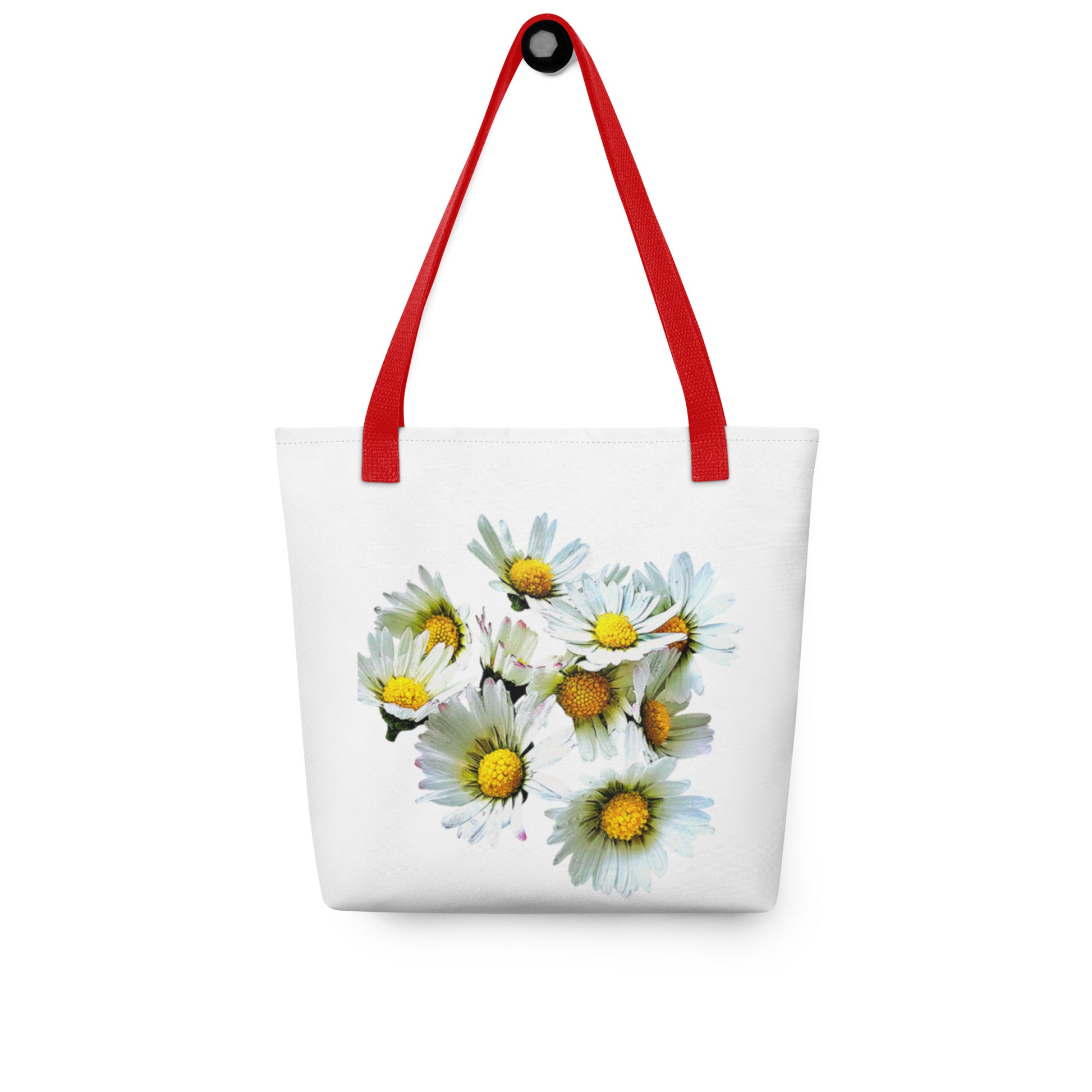 White daisy print shopping bag with red handles featuring bright yellow and white daisy flowers