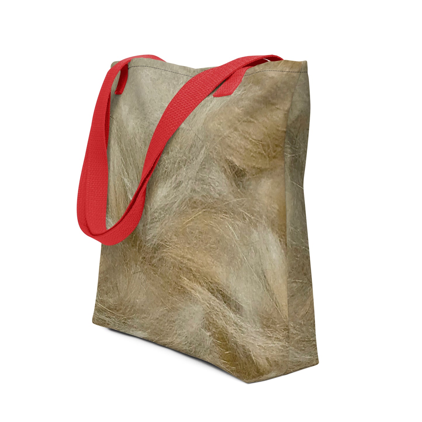 Durable canvas shopping tote with beige textured body and red shoulder straps for everyday use