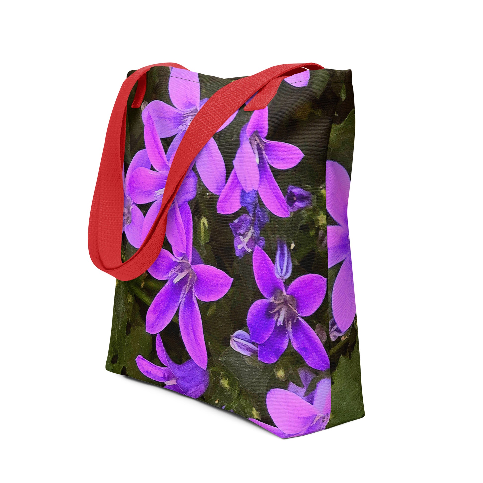 Eco-friendly floral bag with vibrant purple flowers and red handles from NUSH'S STORE